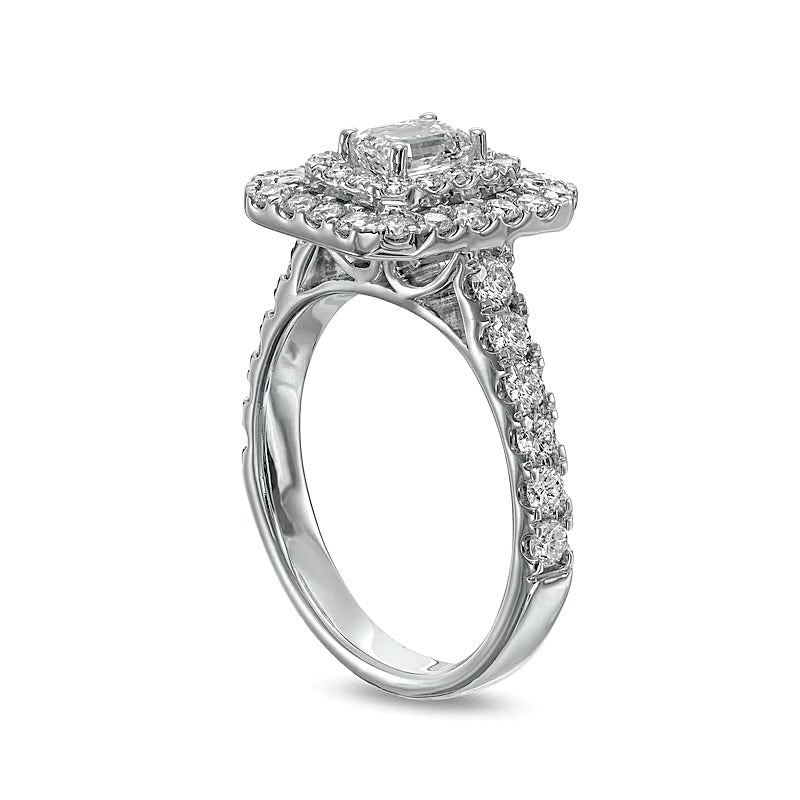 Verlobungsring mit Diamant im Smaragdschliff 1.5 ct. Gesamtgewicht, doppelter Halo, in 14K Weißgold (I/SI2)