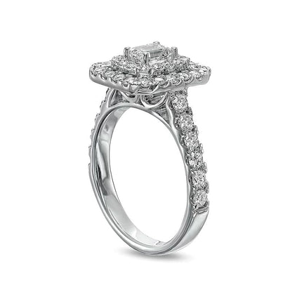 Verlobungsring mit Diamant im Smaragdschliff 1.5 ct. Gesamtgewicht, doppelter Halo, in 14K Weißgold (I/SI2)