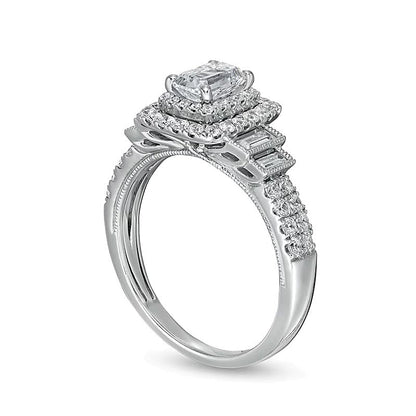 1.2 CT. Gesamtgewicht Diamant-Verlobungsring im Smaragdschliff mit Halo im Vintage-Stil und gestuftem Ringband in 14K Weißgold (I/I1)