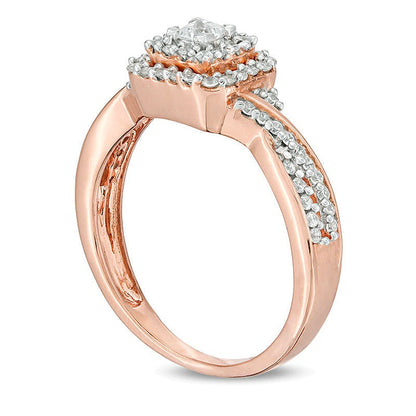 0.33 ct. Gesamtgewicht Halo-Verlobungsring mit Diamanten im Princess- und Rundschliff in 10K Roségold
