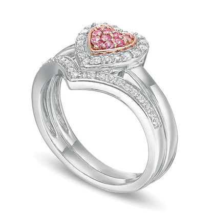 Braut-Set Komposit mit rosa und weißen Saphiren im Rund- und Herzschliff, Labor-kreiert, in Sterlingsilber und 10K Roségold