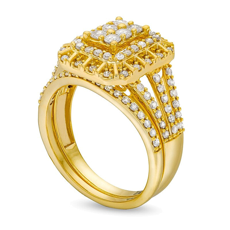 1.0 ct. Gesamtgewicht Smaragd Multi-Diamant Brautset dreireihig mit geteiltem Ring in 10K Gelbgold