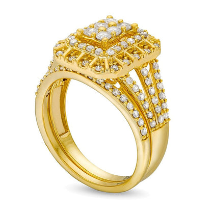 1.0 ct. Gesamtgewicht Smaragd Multi-Diamant Brautset dreireihig mit geteiltem Ring in 10K Gelbgold