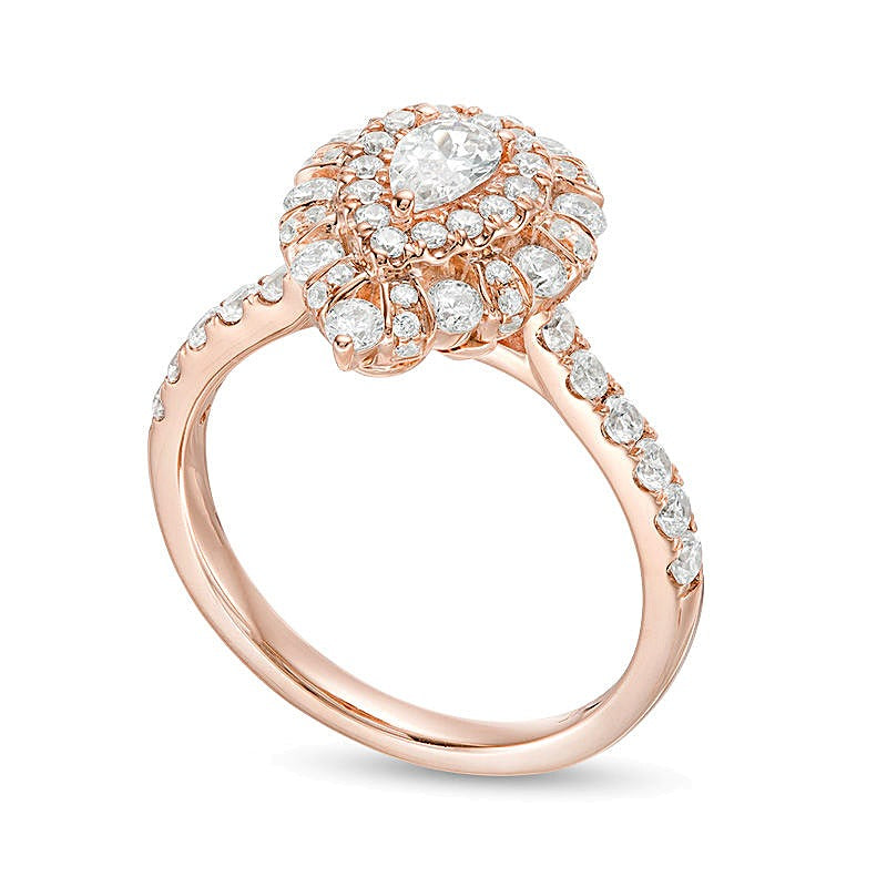 Verlobungsring Halo mit tropfenförmigem und rundem weißem Diamant 1.0 ct. Gesamtgewicht in 14K Roségold