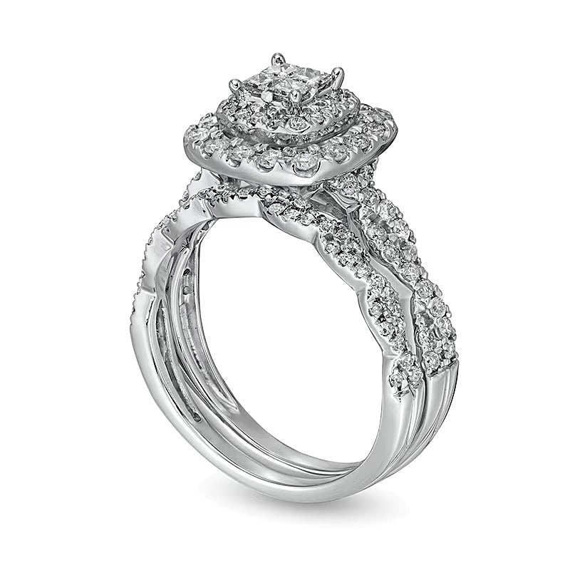 Braut-Set mit Diamanten im Princess-, Rund- und Kissenschliff, 1.0 ct. Gesamtgewicht, in 14K Weißgold