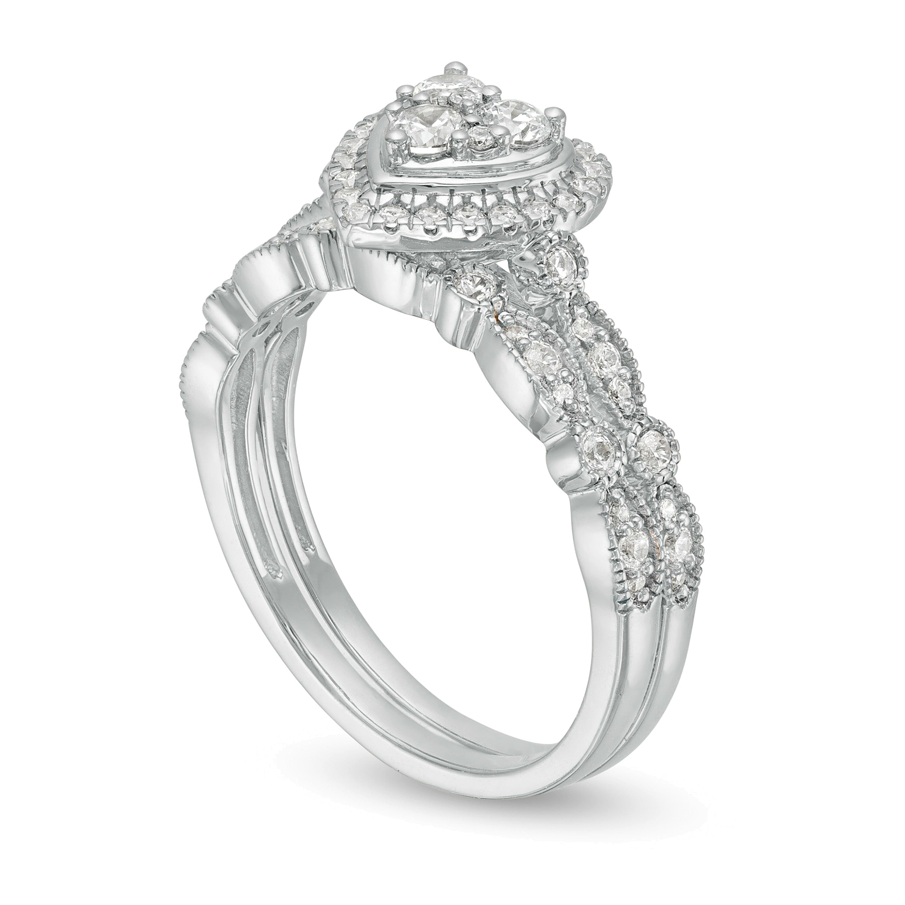 Brautset mit Diamanten 0.5 ct. Gesamtgewicht in Herz-, rund- und Marquise-Schliff, Vintage-Stil, 10K Weißgold