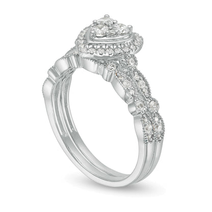 Brautset mit Diamanten 0.5 ct. Gesamtgewicht in Herz-, rund- und Marquise-Schliff, Vintage-Stil, 10K Weißgold