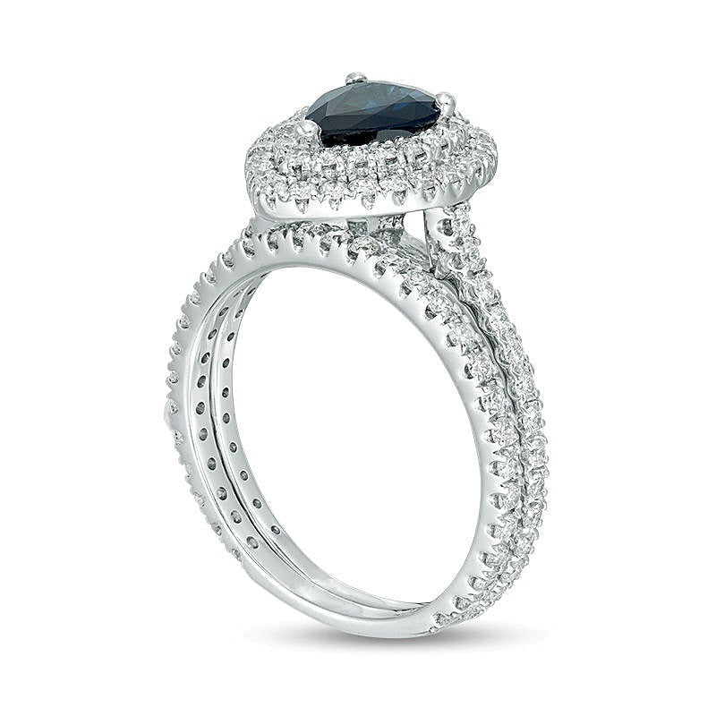 Braut-Set mit blauem Saphir im Tropfen und 1.0 ct. Gesamtgewicht Diamanten mit doppeltem Rahmen in 14K Weißgold