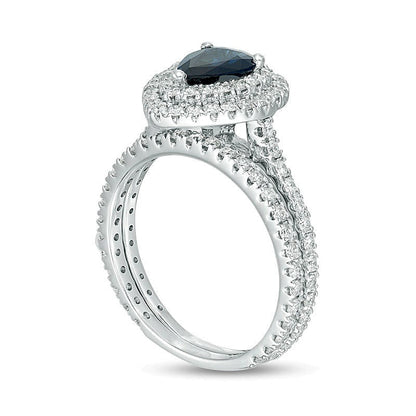 Braut-Set mit blauem Saphir im Tropfen und 1.0 ct. Gesamtgewicht Diamanten mit doppeltem Rahmen in 14K Weißgold