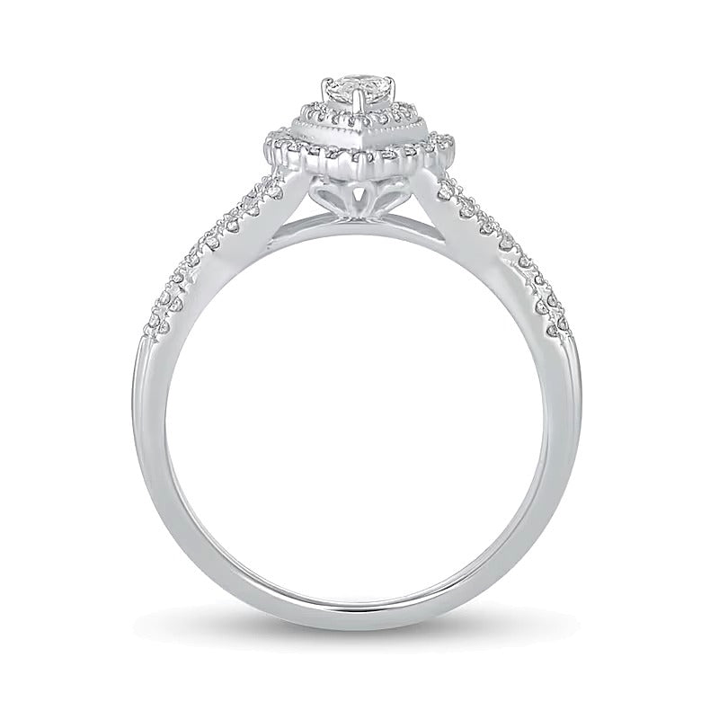0,5 ct. Gesamtgewicht Halo-Verlobungsring mit tropfenförmigem Diamant im Vintage-Stil, mehrreihig, in 10K Weißgold