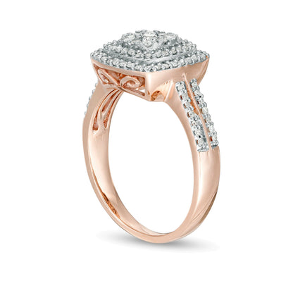 0.38 ct. Gesamtgewicht Halo-Ring mit Diamanten im Kissenschliff und runden Diamanten in 10K Roségold