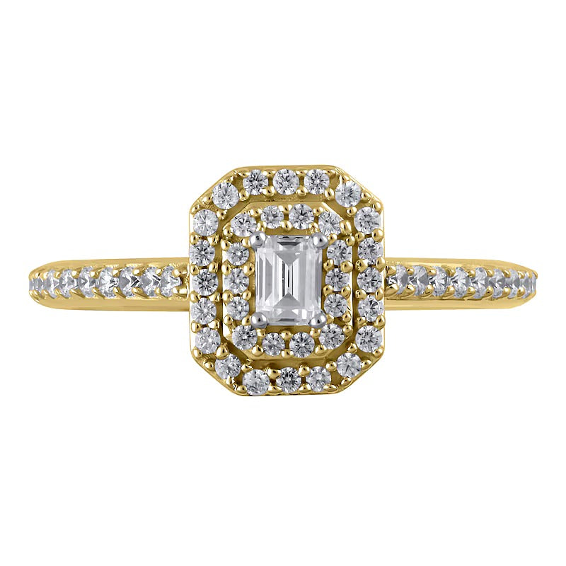 Verlobungsring mit Diamant im Smaragdschliff 0,5 ct. Gesamtgewicht und doppeltem oktogonalem Halo in 10K Gelbgold