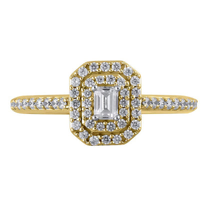 Verlobungsring mit Diamant im Smaragdschliff 0,5 ct. Gesamtgewicht und doppeltem oktogonalem Halo in 10K Gelbgold