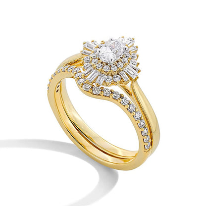 0,75 ct. Gesamtgewicht Brautset mit ovalen Diamanten und doppeltem Sunburst-Rahmen in 14K Gelbgold