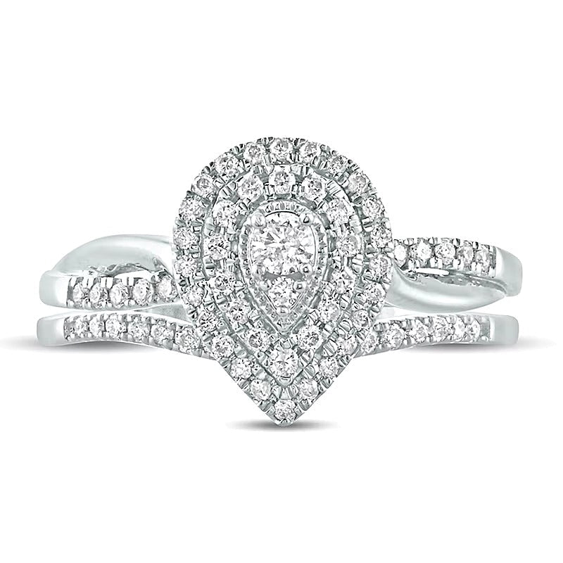 0.38 ct. Gesamtgewicht Komposit-Diamant Braut-Set mit tropfenförmigem Rahmen in 10K Weißgold