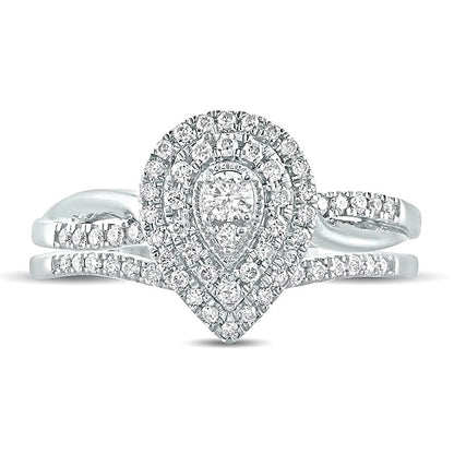 0.38 ct. Gesamtgewicht Komposit-Diamant Braut-Set mit tropfenförmigem Rahmen in 10K Weißgold