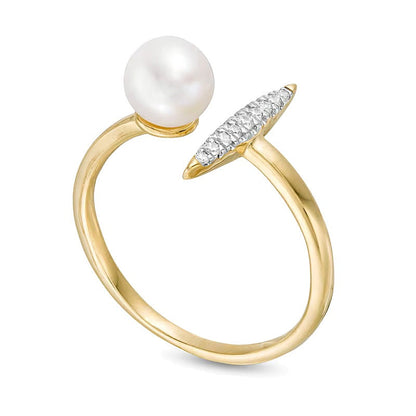 6,0 mm Zuchtperle und Diamant-Besatz Fashion-Ring mit offener Schiene in 10K Gelbgold