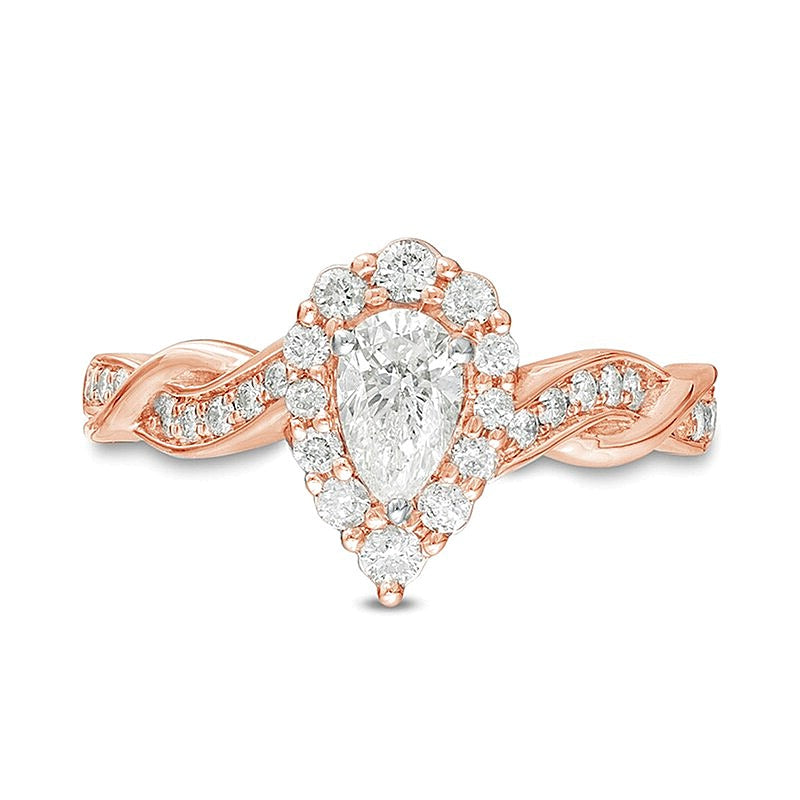 0,75 ct. Gesamtgewicht Verlobungsring mit tropfenförmigem Diamant und Halo in 10K Roségold für Damen