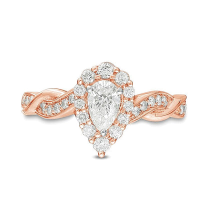 0,75 ct. Gesamtgewicht Verlobungsring mit tropfenförmigem Diamant und Halo in 10K Roségold für Damen