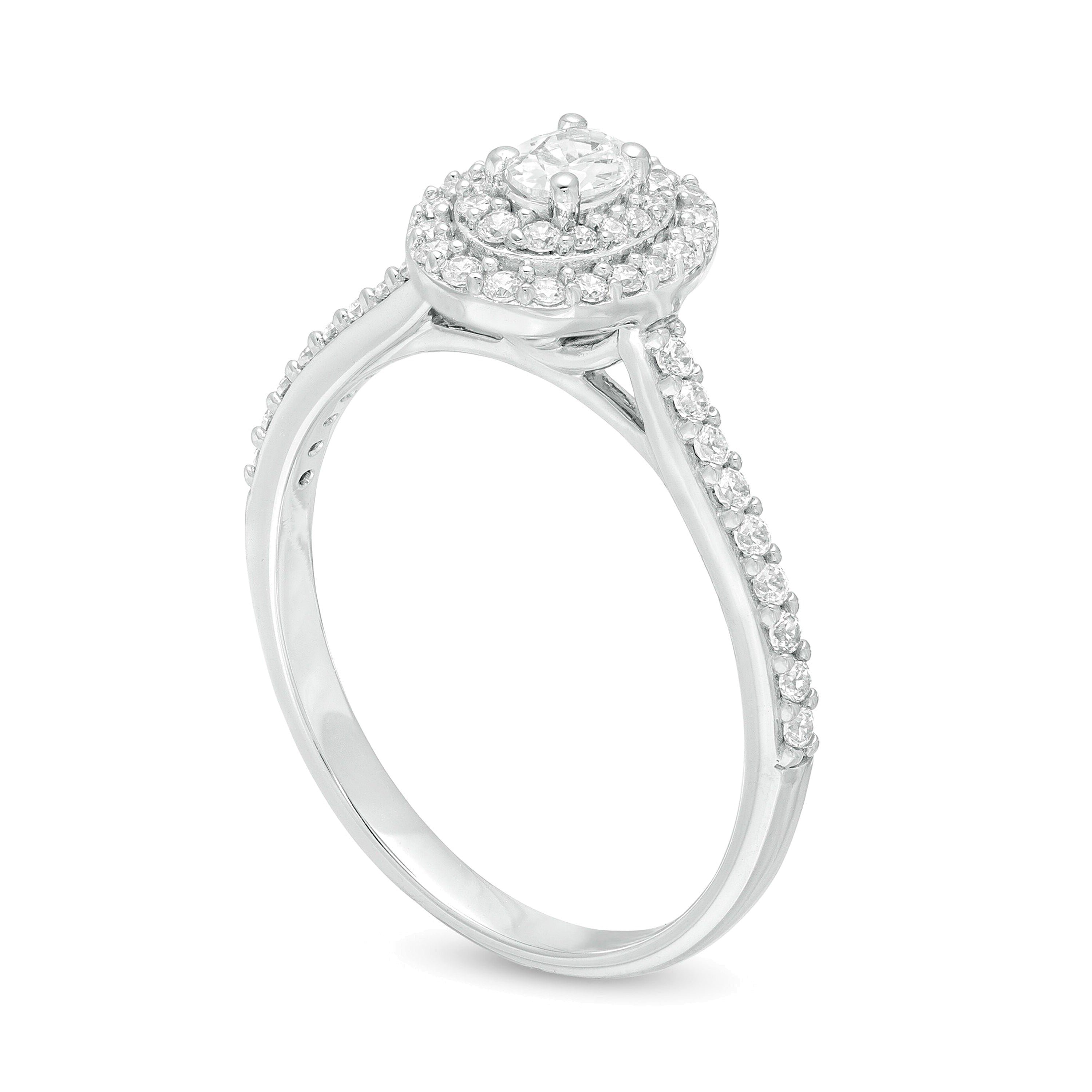 Verlobungsring mit ovalem Diamant und doppeltem Halo 0.5 ct. Gesamtgewicht in 10K Weißgold