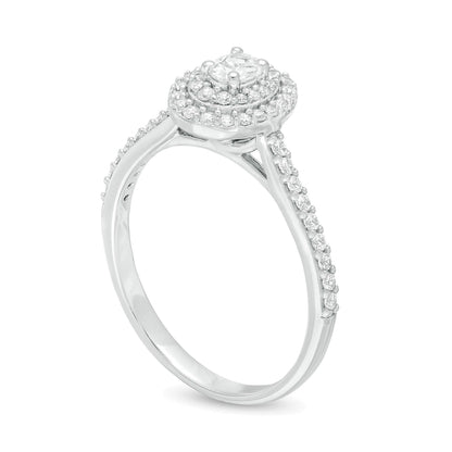 Verlobungsring mit ovalem Diamant und doppeltem Halo 0.5 ct. Gesamtgewicht in 10K Weißgold