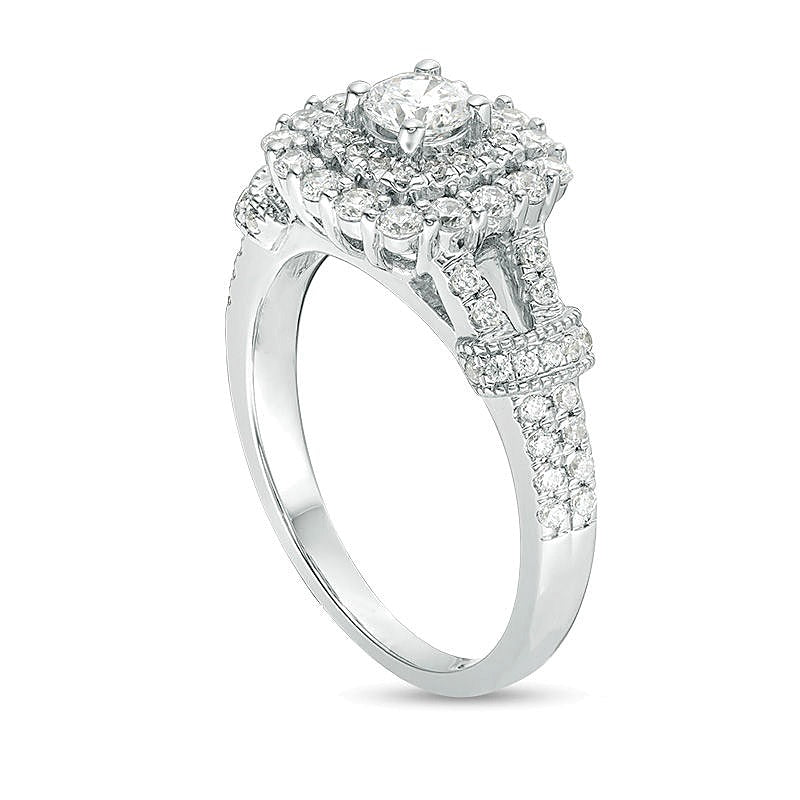Verlobungsring im Vintage-Stil mit Halo, Diamanten (rund & Kissenschliff) 1.0 CT. Gesamtgewicht in 14K Weißgold