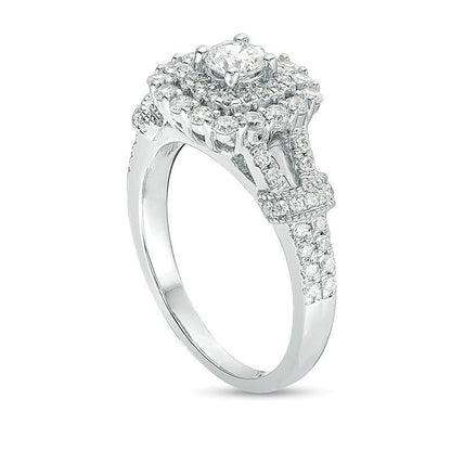 Verlobungsring im Vintage-Stil mit Halo, Diamanten (rund & Kissenschliff) 1.0 CT. Gesamtgewicht in 14K Weißgold