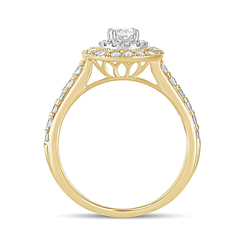 1.0 CT. Gesamtgewicht Verlobungsring im Vintage-Stil mit ovalem Diamant und Halo in 14K Gelbgold