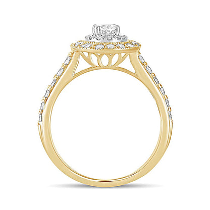 1.0 CT. Gesamtgewicht Verlobungsring im Vintage-Stil mit ovalem Diamant und Halo in 14K Gelbgold