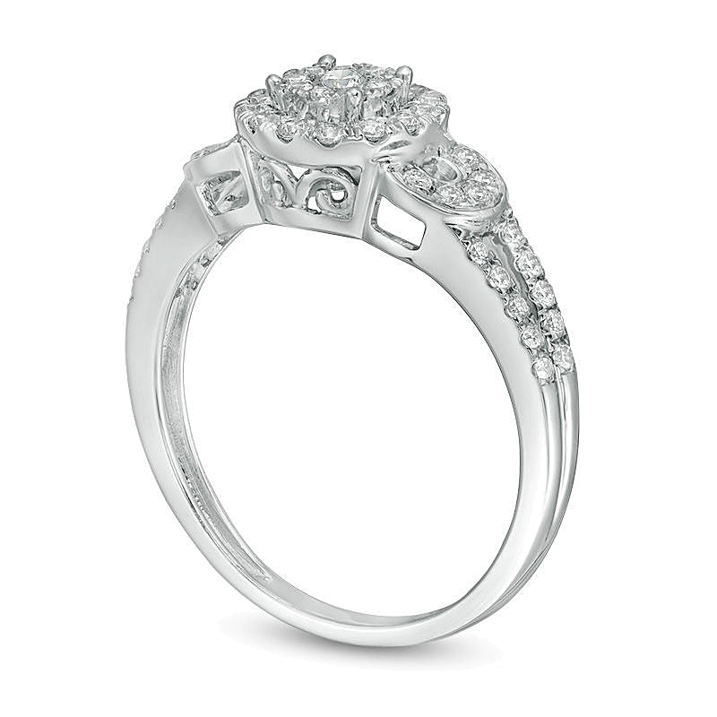 0.5 ct. Gesamtgewicht Diamant Verlobungsring mit Doppel-Halo und geteilter Schiene in 10K Weißgold