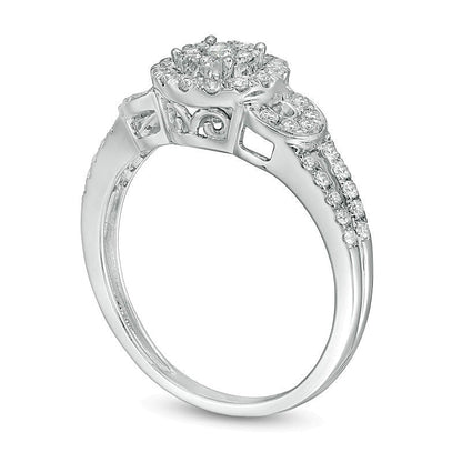 0.5 ct. Gesamtgewicht Diamant Verlobungsring mit Doppel-Halo und geteilter Schiene in 10K Weißgold