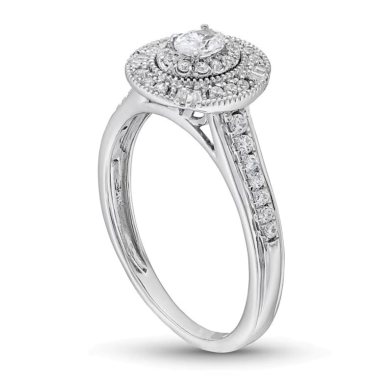 0,38 ct. Gesamtgewicht Verlobungsring mit ovalem Diamanten im Vintage-Stil mit doppeltem Halo aus Sterlingsilber
