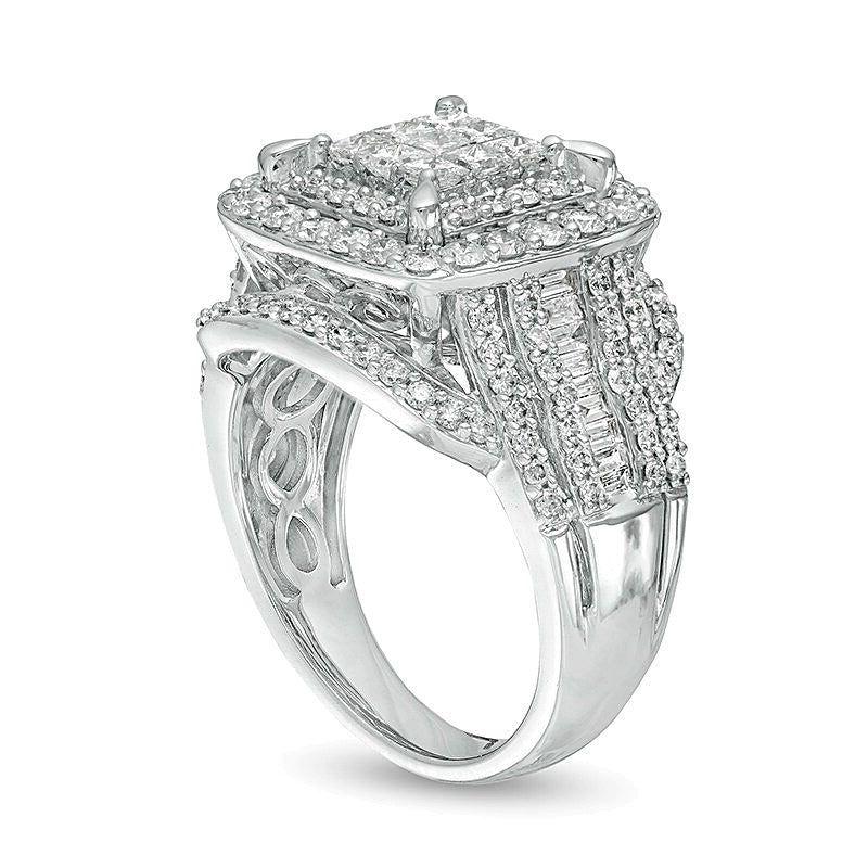 2.0 ct. Gesamtgewicht Verlobungsring mit Diamanten im Princess-, Baguette- und Kissenschliff, mehrreihig, in 10K Weißgold
