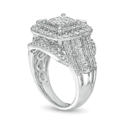 2.0 ct. Gesamtgewicht Verlobungsring mit Diamanten im Princess-, Baguette- und Kissenschliff, mehrreihig, in 10K Weißgold