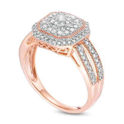 0.5 ct. Gesamtgewicht Komposit-Diamant Halo Vintage-Ring mit geteiltem Ringschienen-Design in 10K Gelbgold