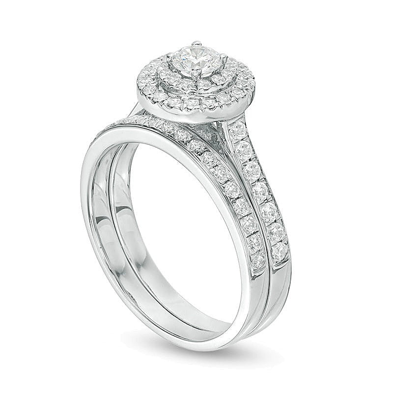 1.0 CT. Gesamtgewicht Diamant-Brautset mit doppeltem Halo in 10K Weißgold