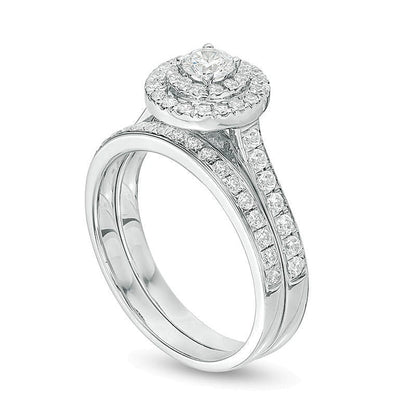 1.0 CT. Gesamtgewicht Diamant-Brautset mit doppeltem Halo in 10K Weißgold
