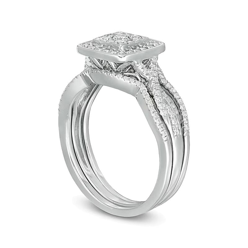 0.63 ct. Gesamtgewicht Komposit-Diamant Braut-Set mit quadratischem Rahmen und gedrehter Ringschiene in rhodiniertem Sterlingsilber