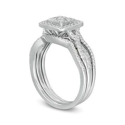 0.63 ct. Gesamtgewicht Komposit-Diamant Braut-Set mit quadratischem Rahmen und gedrehter Ringschiene in rhodiniertem Sterlingsilber