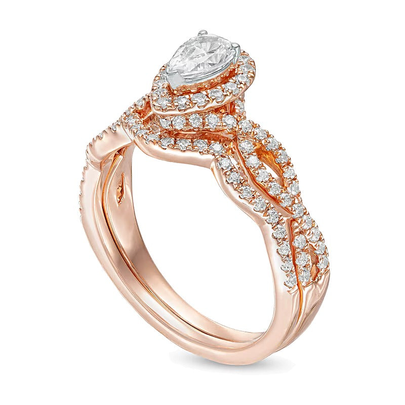 1.0 CT. Gesamtgewicht Braut-Set mit tropfenförmigen und runden weißen Diamanten in 14K Roségold