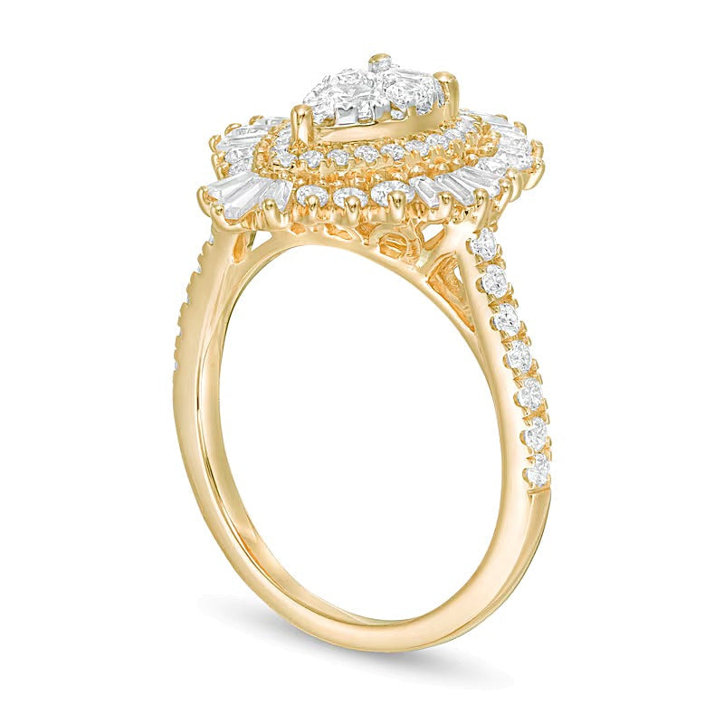 1,5 ct. Gesamtgewicht Komposit-Diamant Cocktail-Ring in tropfenförmigem Starburst-Design aus 14K Gelbgold