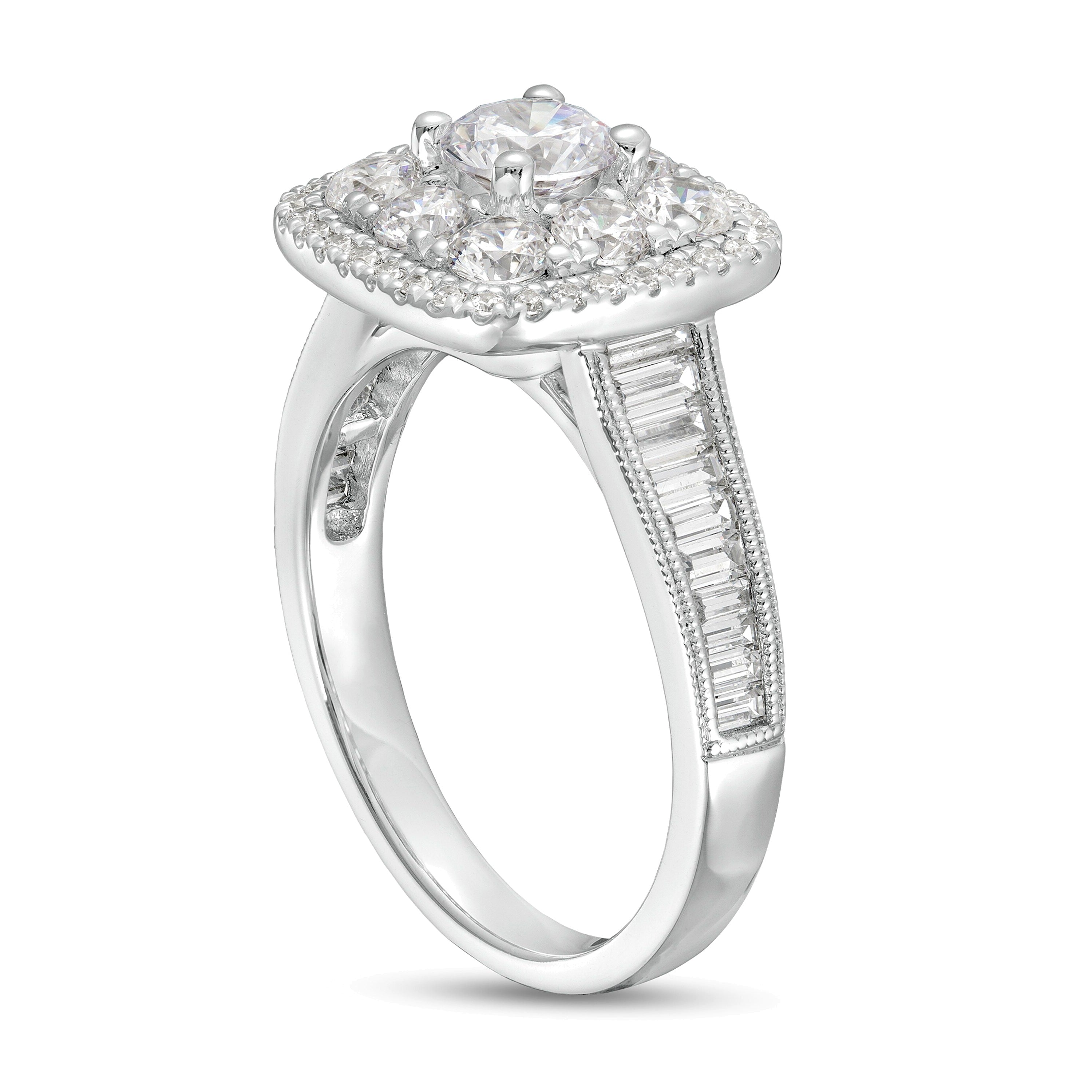 1,75 ct. Gesamtgewicht Diamant Halo-Verlobungsring mit doppeltem Kissenschliff-Rahmen im Vintage-Stil in 14K Weißgold (I/I1)
