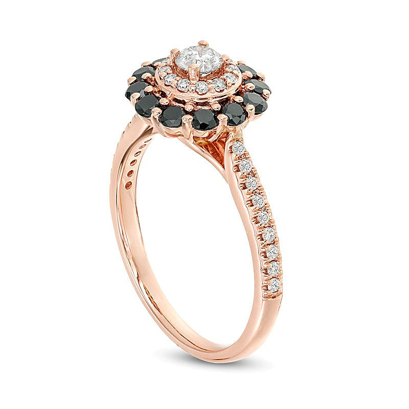 1.0 CT. Gesamtgewicht behandelter schwarzer und weißer Diamant Verlobungsring mit doppeltem Halo in 10K Roségold - Größe 7