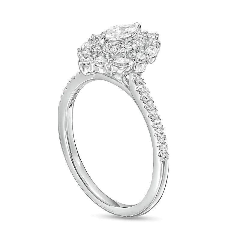 0,75 ct. Gesamtgewicht Verlobungsring mit Marquise-Diamant und doppeltem Halo in 14K Weißgold (I/I1)