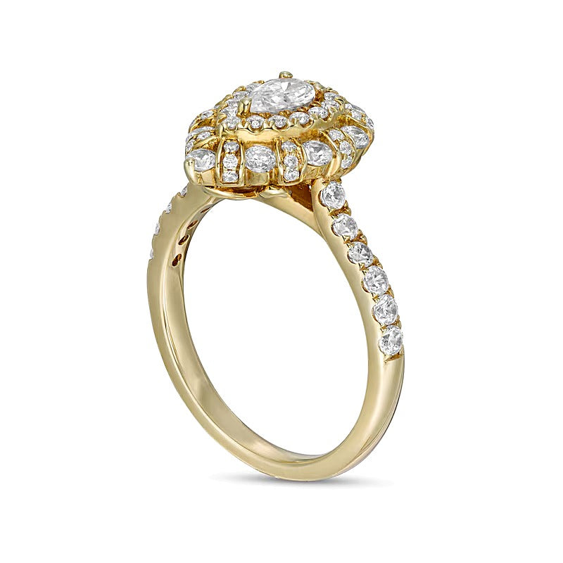 1,0 ct. Gesamtgewicht Verlobungsring mit tropfenförmigem Diamant und Halo aus 14K Gelbgold (I/SI2)