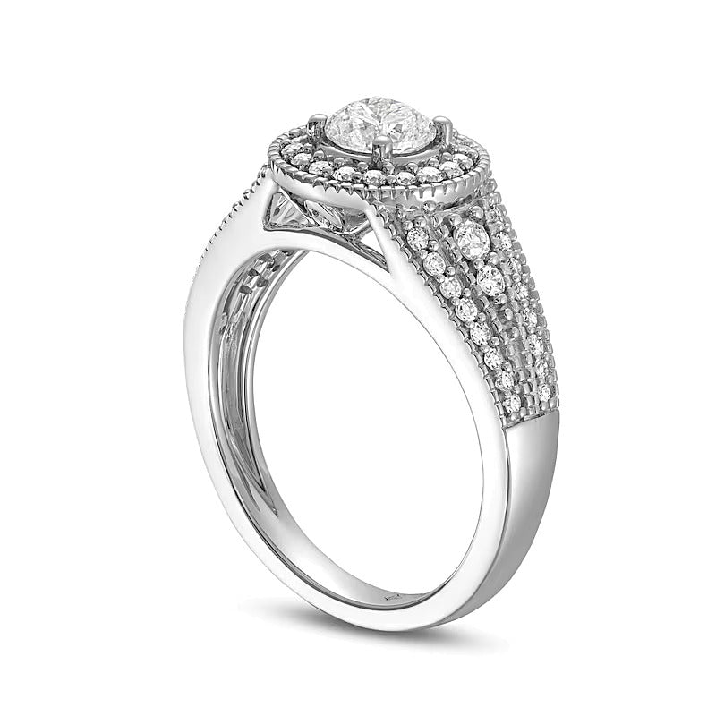 1.0 CT. TW Diamant-Verlobungsring Halo mit seitlichem Besatz und geteilter Schiene in 14K Weißgold (I/I2)