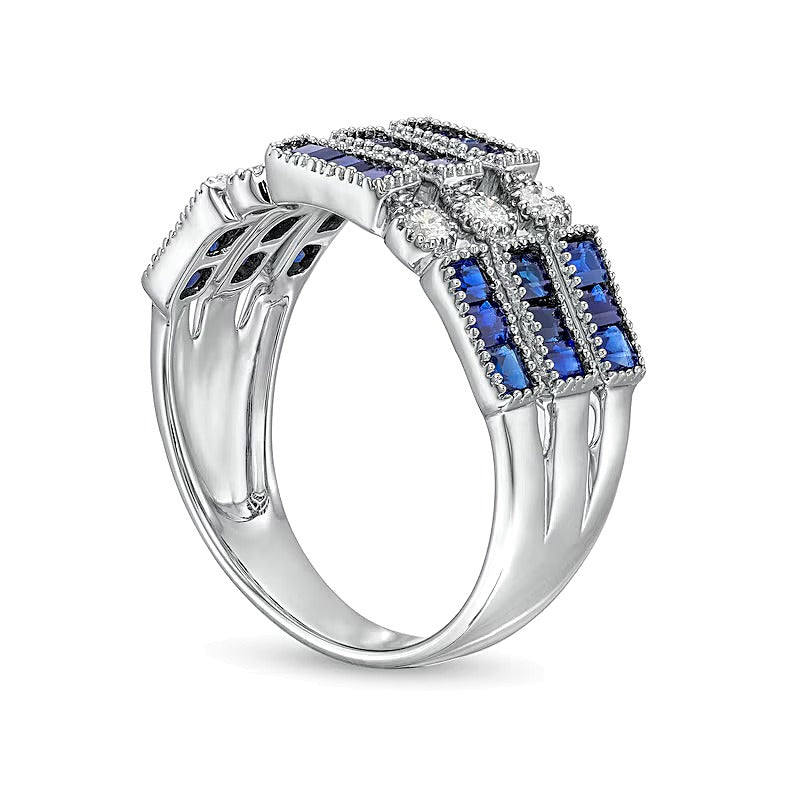 Ring im Vintage-Stil mit blauem Saphir im Baguette-Schliff und Diamant 0,2 ct. Gesamtgewicht in 14K Weißgold