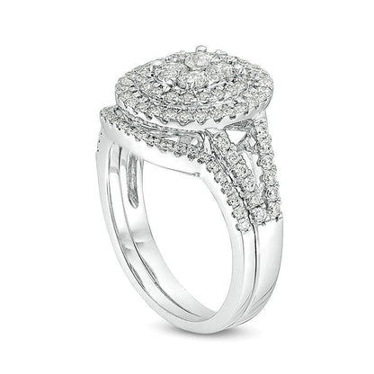 Diamant-Brautset mit doppeltem ovalem Rahmen und Quad-Besatz 1,13 ct. Gesamtgewicht in 10K Weißgold
