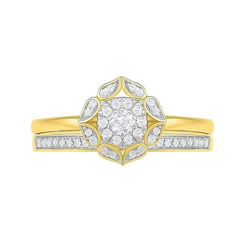 0.33 ct. Gesamtgewicht Diamant Brautset mit Blütenrahmen in 10K Gelbgold