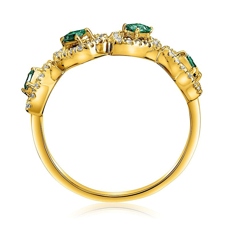Ring mit Smaragd im Baguette-Schliff und 0,33 ct. Gesamtgewicht Diamanten in rechteckigen und tropfenförmigen Rahmen in 10K Gelbgold